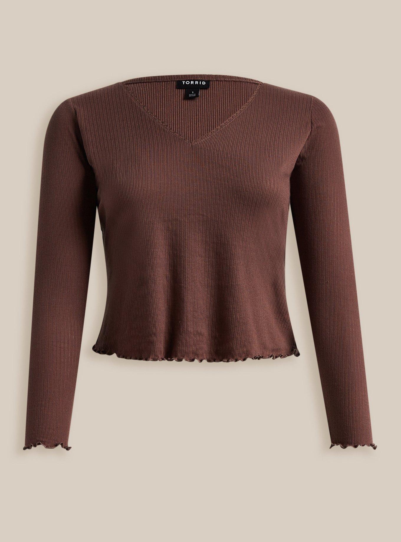 Pointelle Rib V-Neck Long Sleeve Crop Tee, BROWN, hi-res