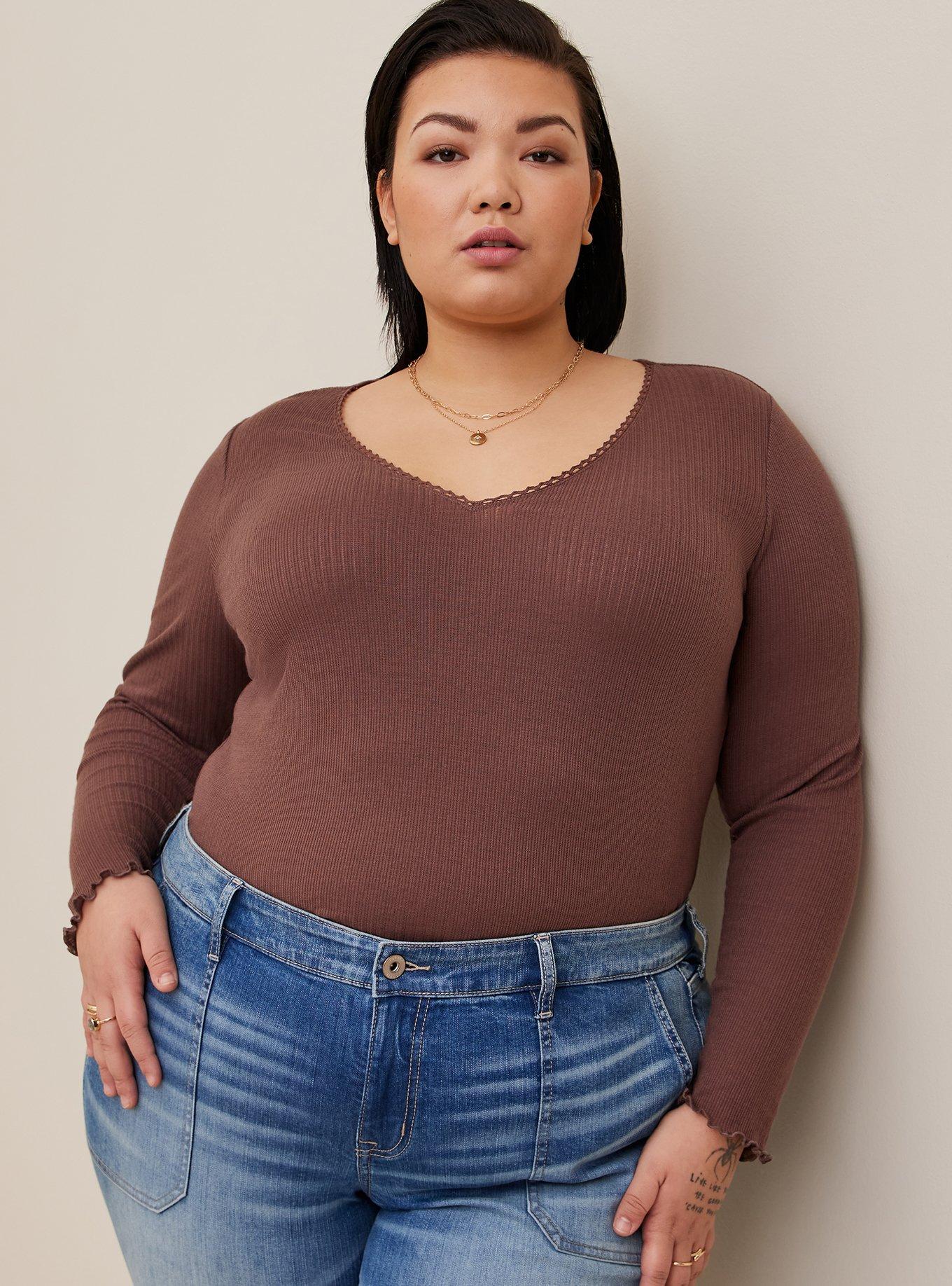 Pointelle Rib V-Neck Long Sleeve Crop Tee, BROWN, hi-res