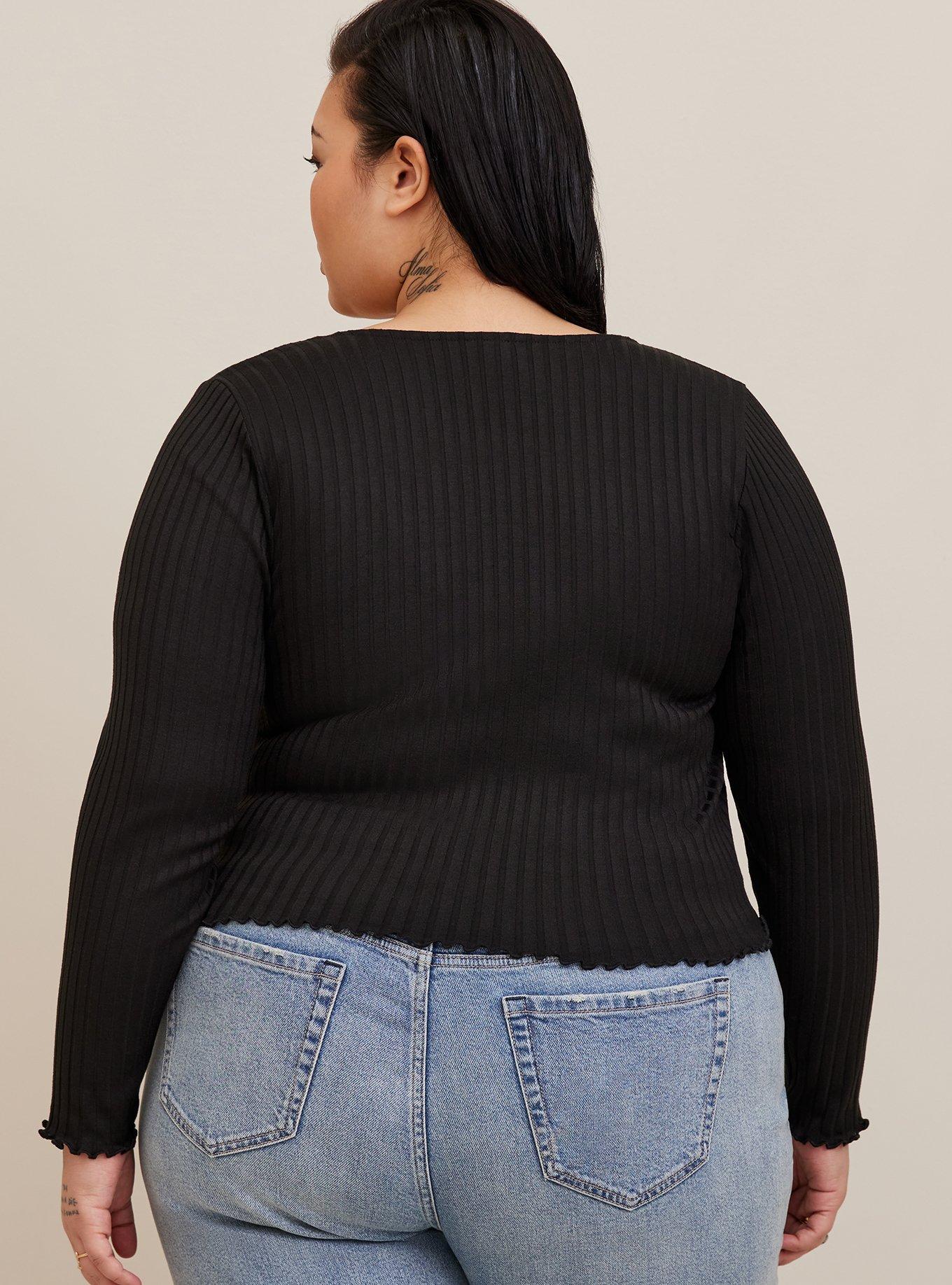 Plus Black Rib Square Neck Long Sleeve Crop Top