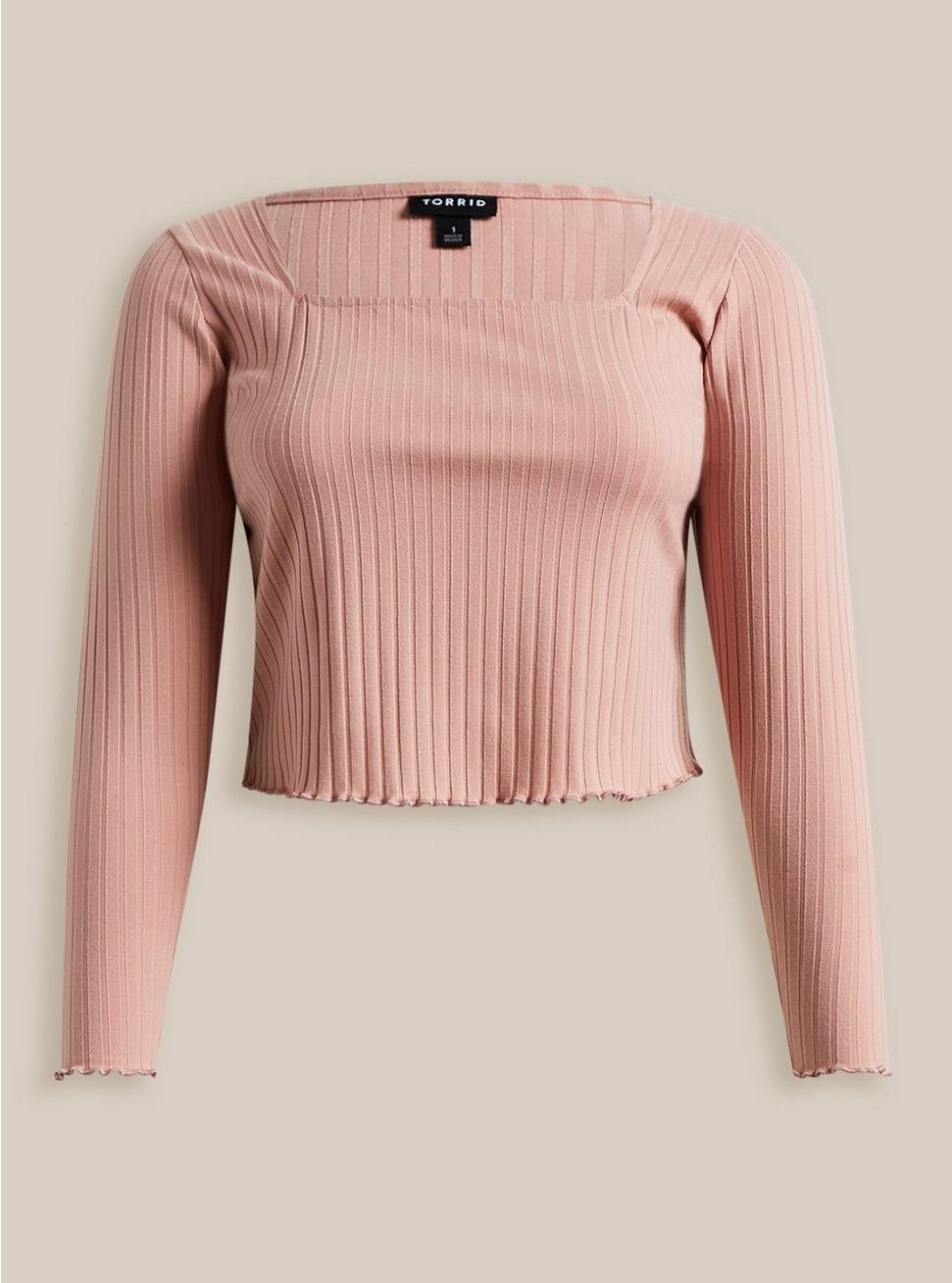 Knit Rib Square Neck Long Sleeve Tee, DUSTY PINK, hi-res