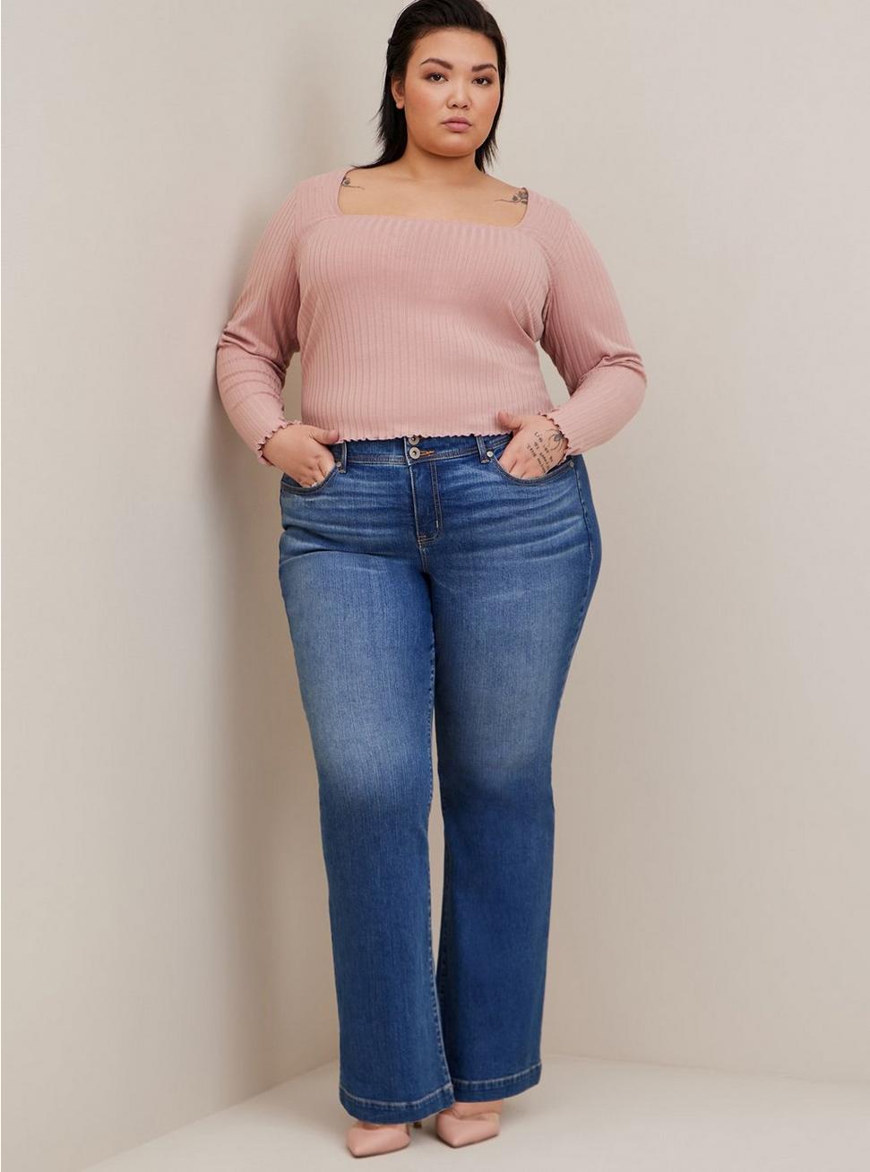 Knit Rib Square Neck Long Sleeve Tee, DUSTY PINK, hi-res