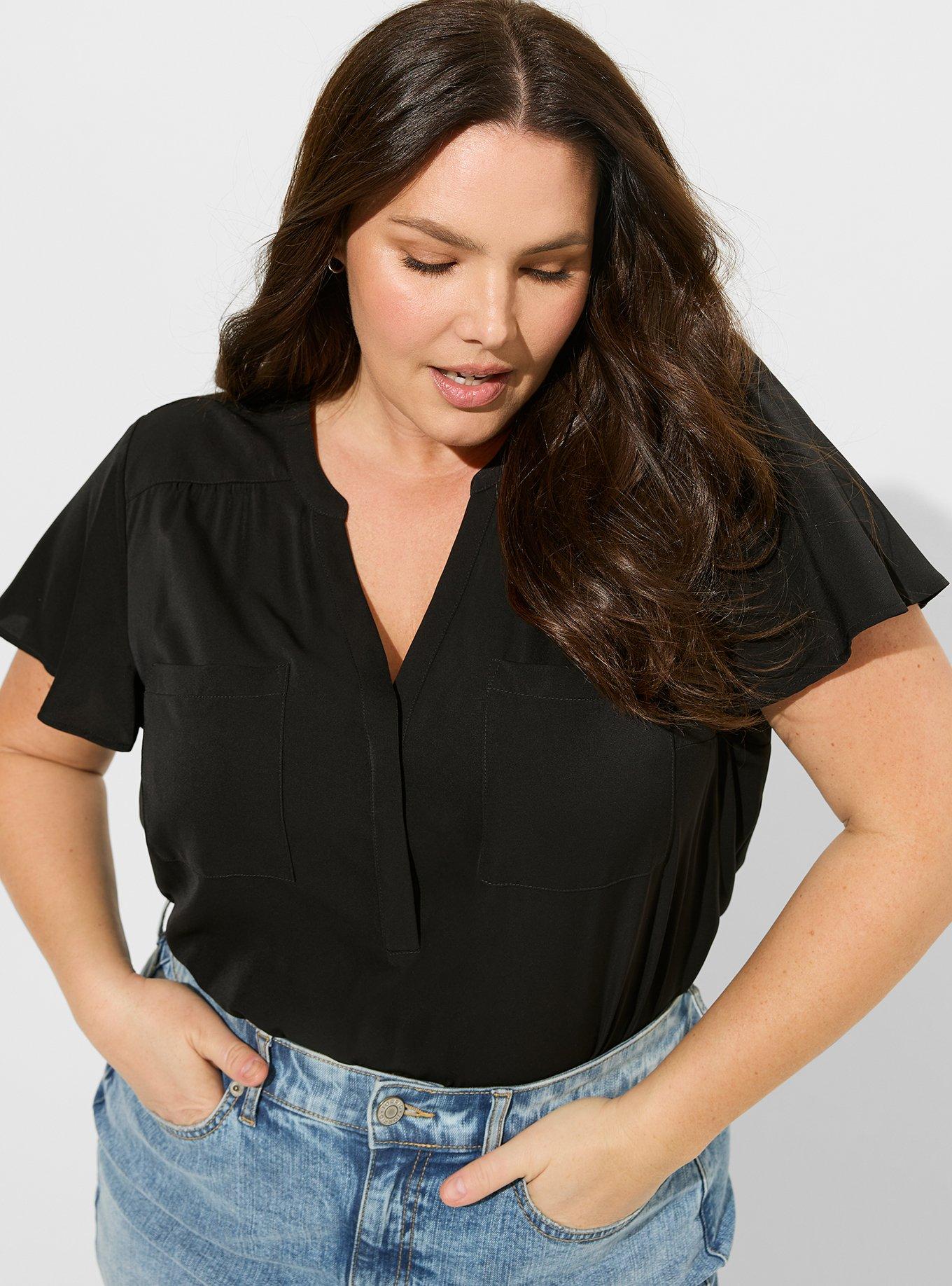 Plus Size - Harper Studio Crepe de Chine Flutter Short Sleeve Blouse ...