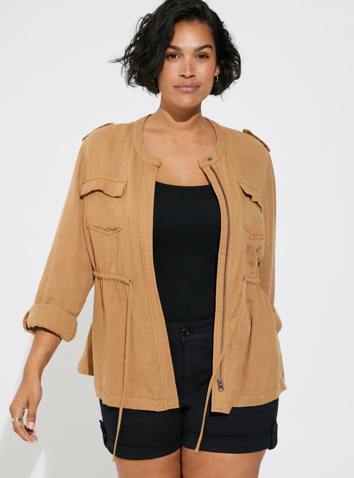 Plus Size Double Gauze Fold Tie Waist Utility Jacket, TOBACCO BROWN, hi-res