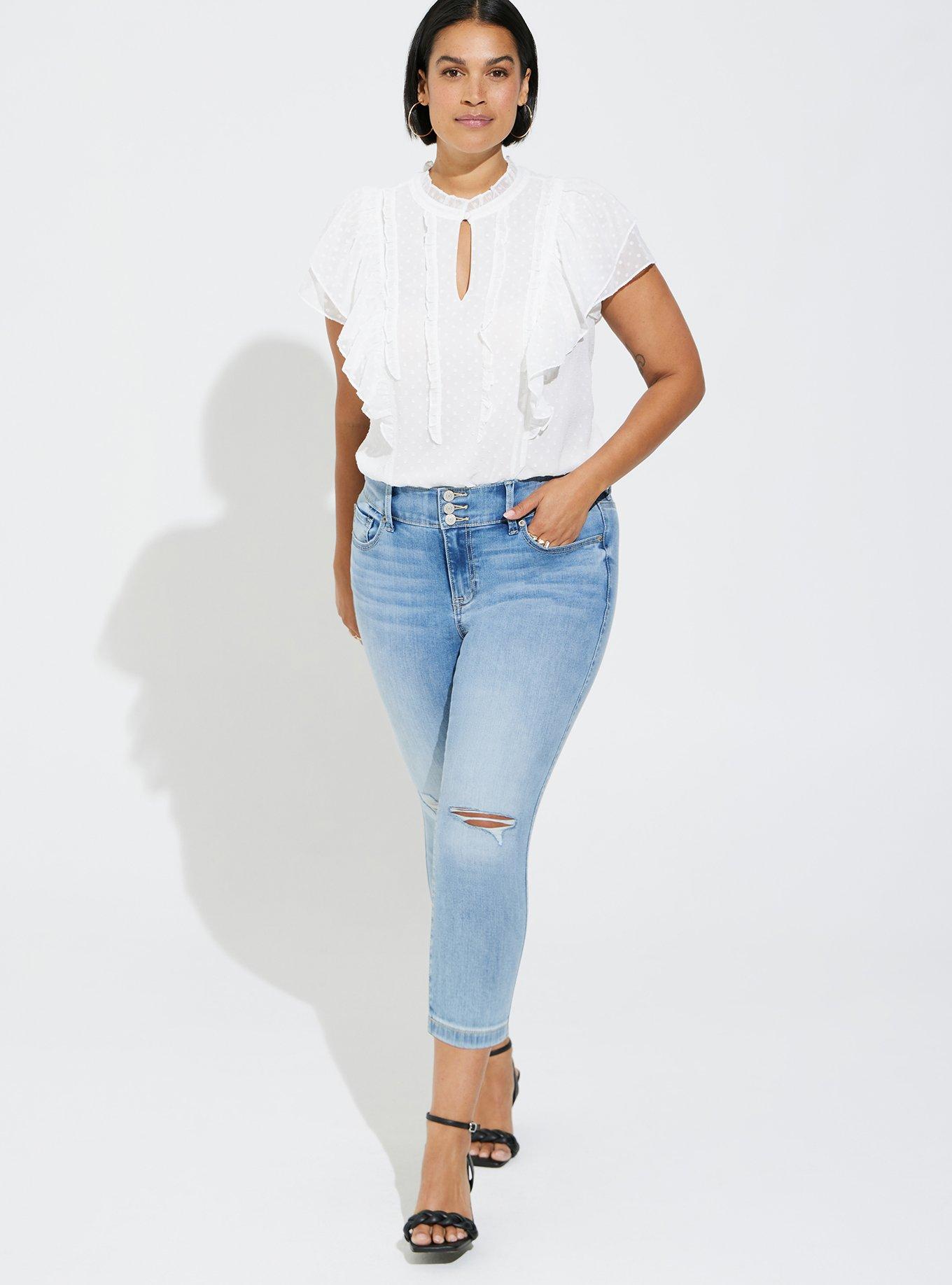 Plus Size Chiffon Clip Dot Keyhole Ruffle Detail Flutter Short Sleeve