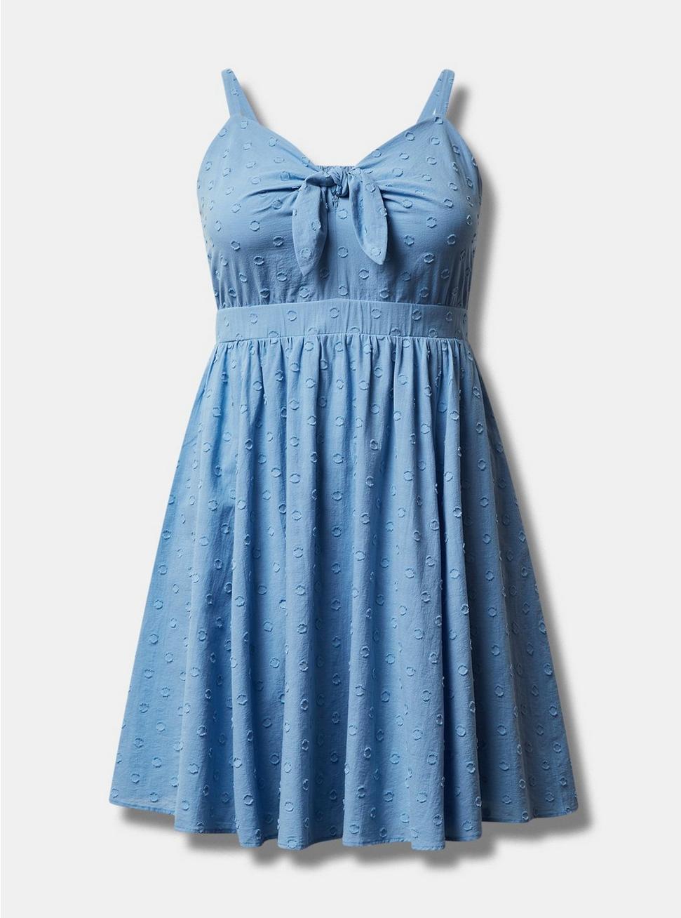 Plus Size Mini Embroidered Challis Tie Front Skater Dress, BLISSFUL BLUE, hi-res