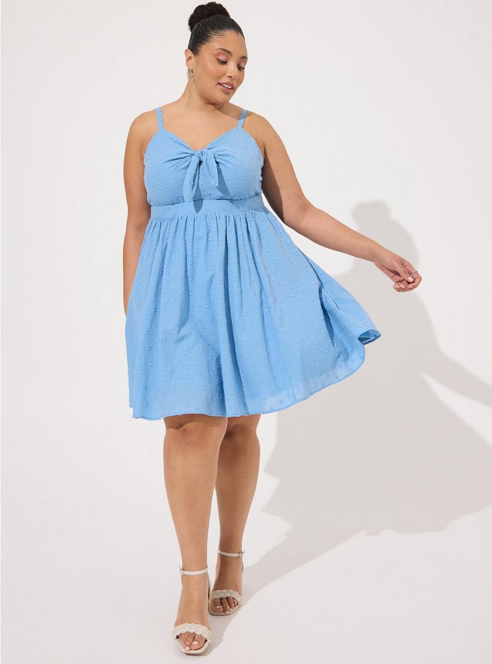 Plus Size Mini Embroidered Challis Tie Front Skater Dress, BLISSFUL BLUE, hi-res