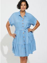Mini Chambray Tiered Shirt Dress, MEDIUM WASH, alternate