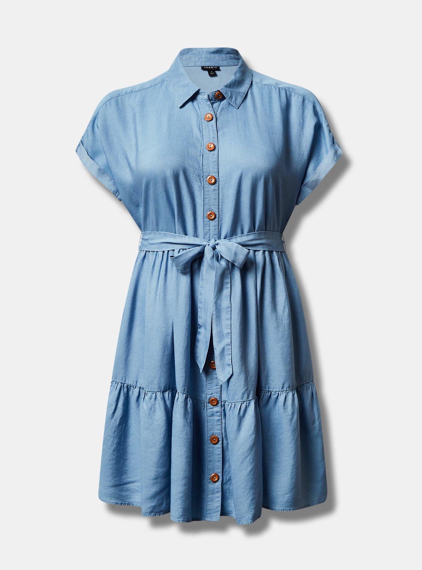 Fit and Flare Mini Shirt Dress - Light Chambray