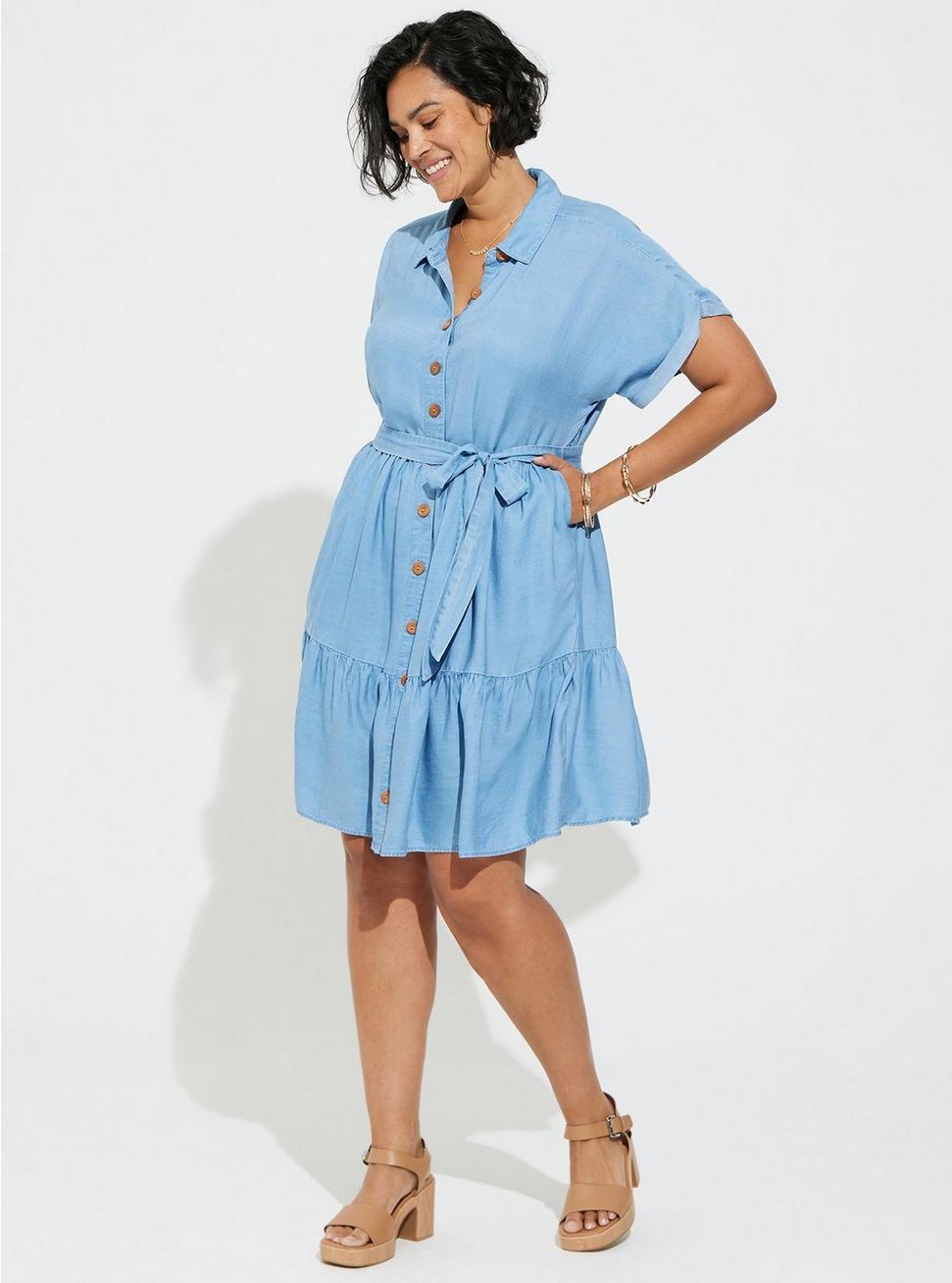 Mini Chambray Tiered Shirt Dress, MEDIUM WASH, hi-res