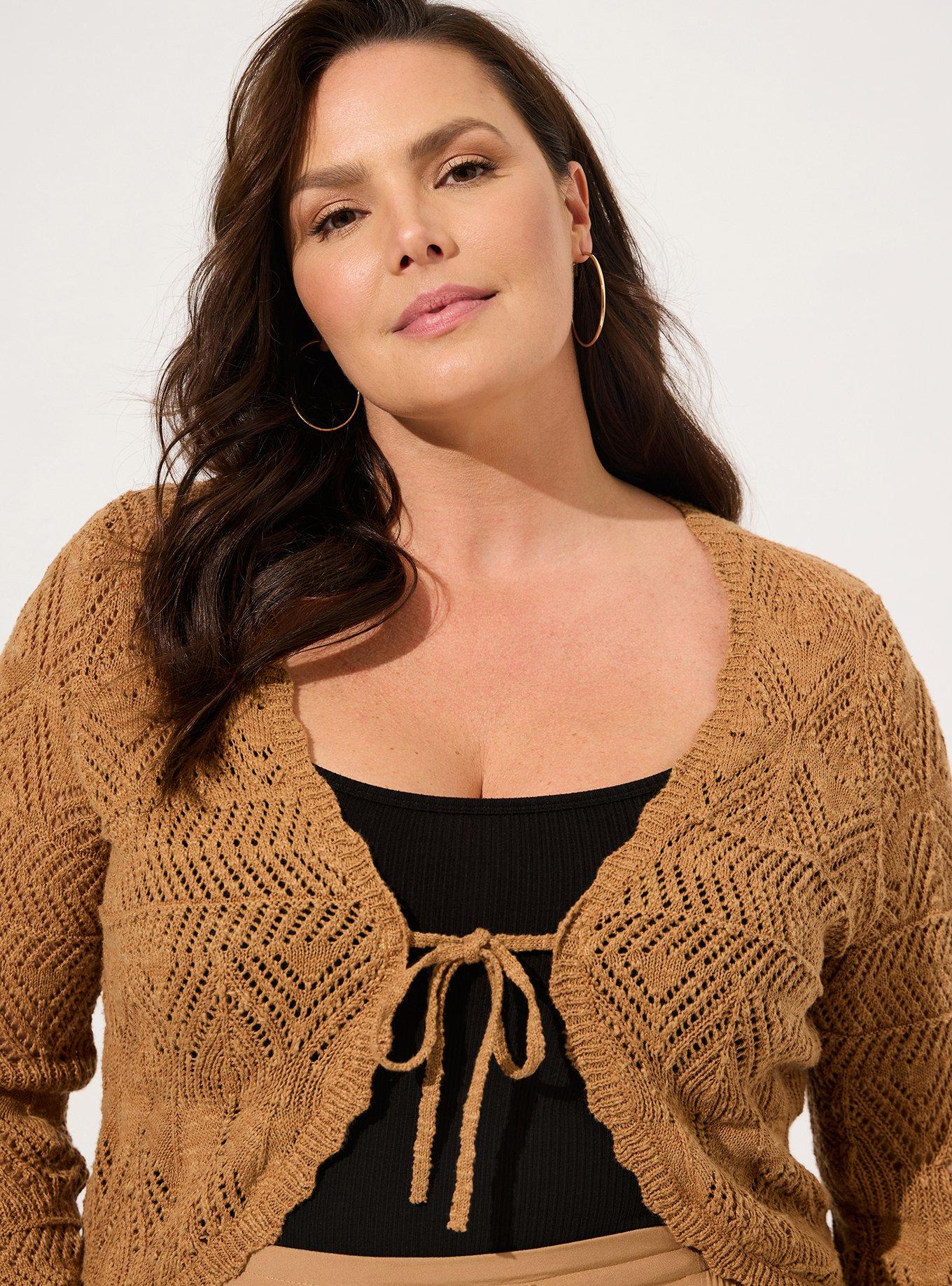 Plus Size - Pointelle Tie Front Shrug Sweater - Torrid