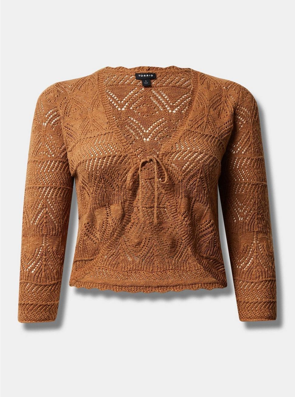 Pointelle Tie Front Shrug Sweater, TOBACCO BROWN, hi-res
