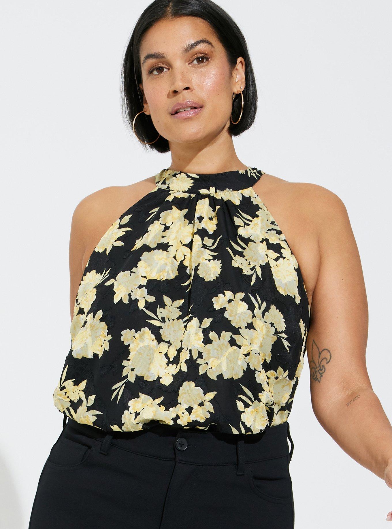 Clip Chiffon Mock Neck Halter, FLORAL YELLOW, alternate