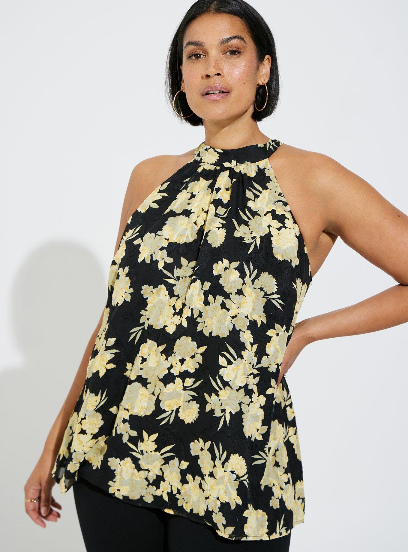 Clip Chiffon Mock Neck Halter, FLORAL YELLOW, hi-res