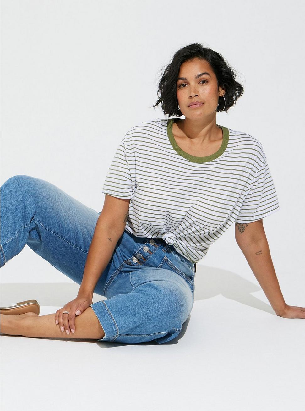 Relaxed Signature Jersey Crew Neck Crop Tee, GREEN STRIPE, hi-res