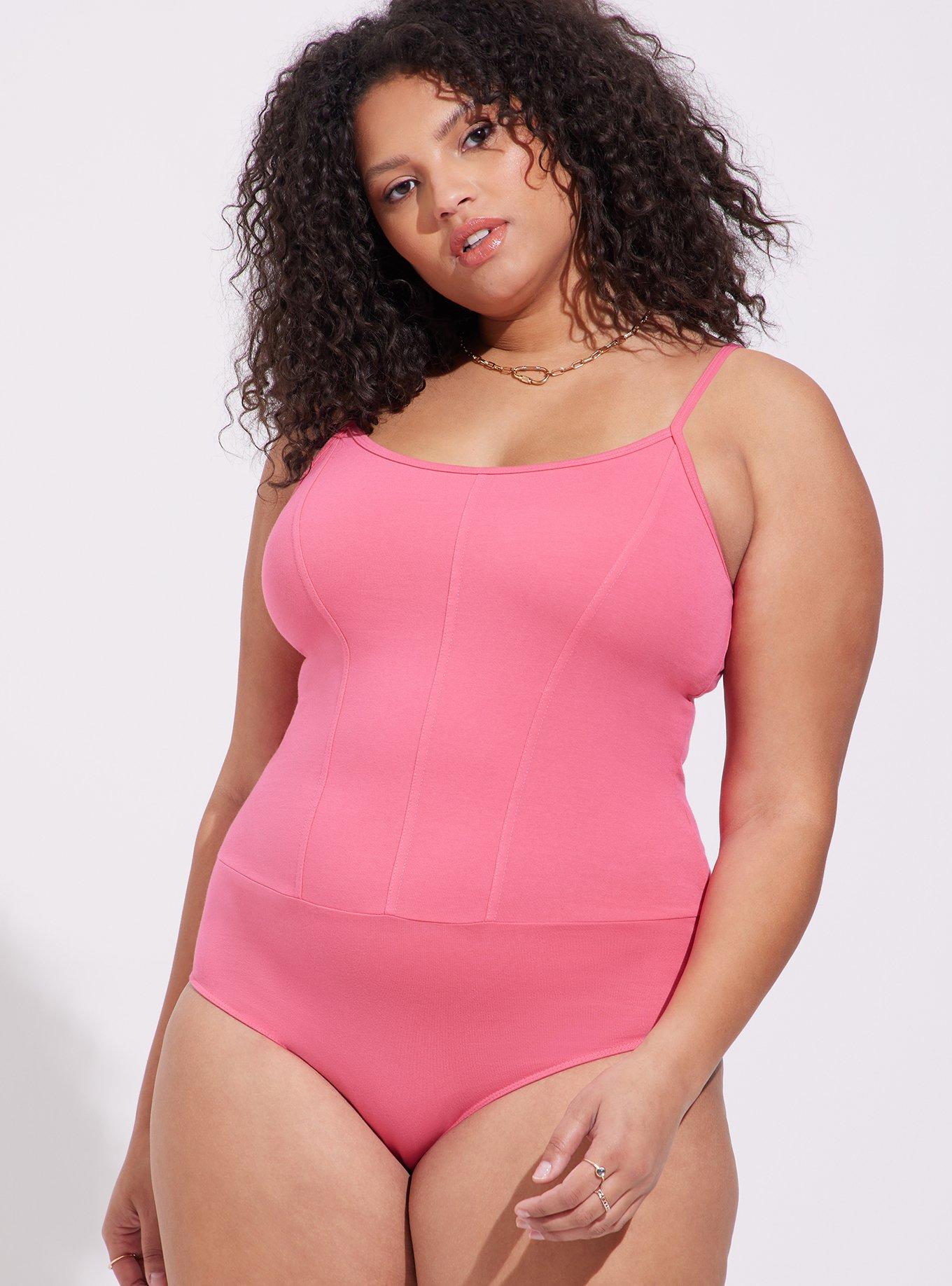 Plus Size Foxy Scoop Neck Corset Seam Bodysuit, HONEYSUCKLE PINK: PINK, alternate