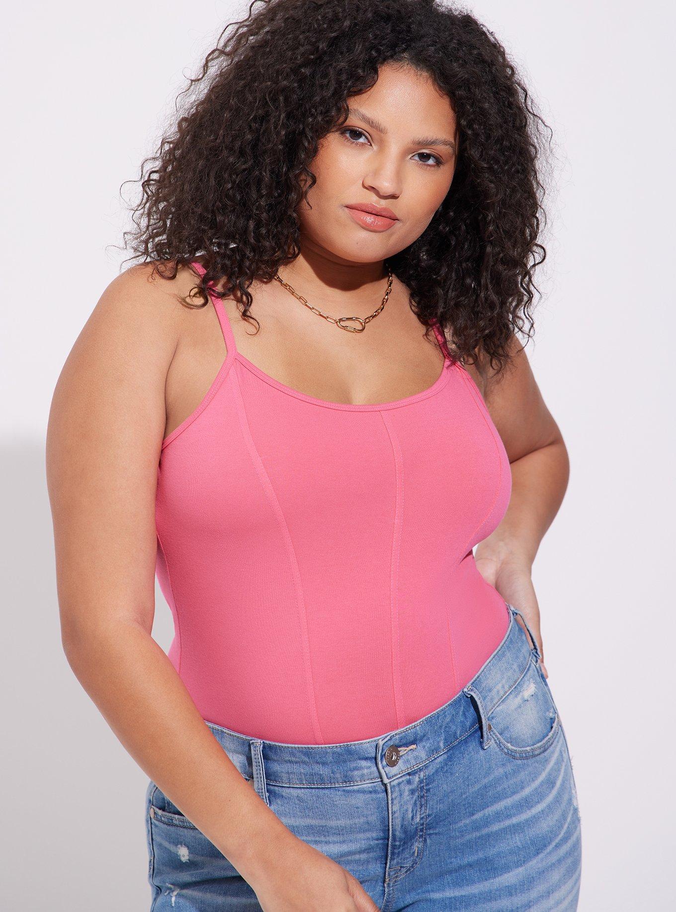 Plus Size Foxy Scoop Neck Corset Seam Bodysuit, HONEYSUCKLE PINK: PINK, hi-res