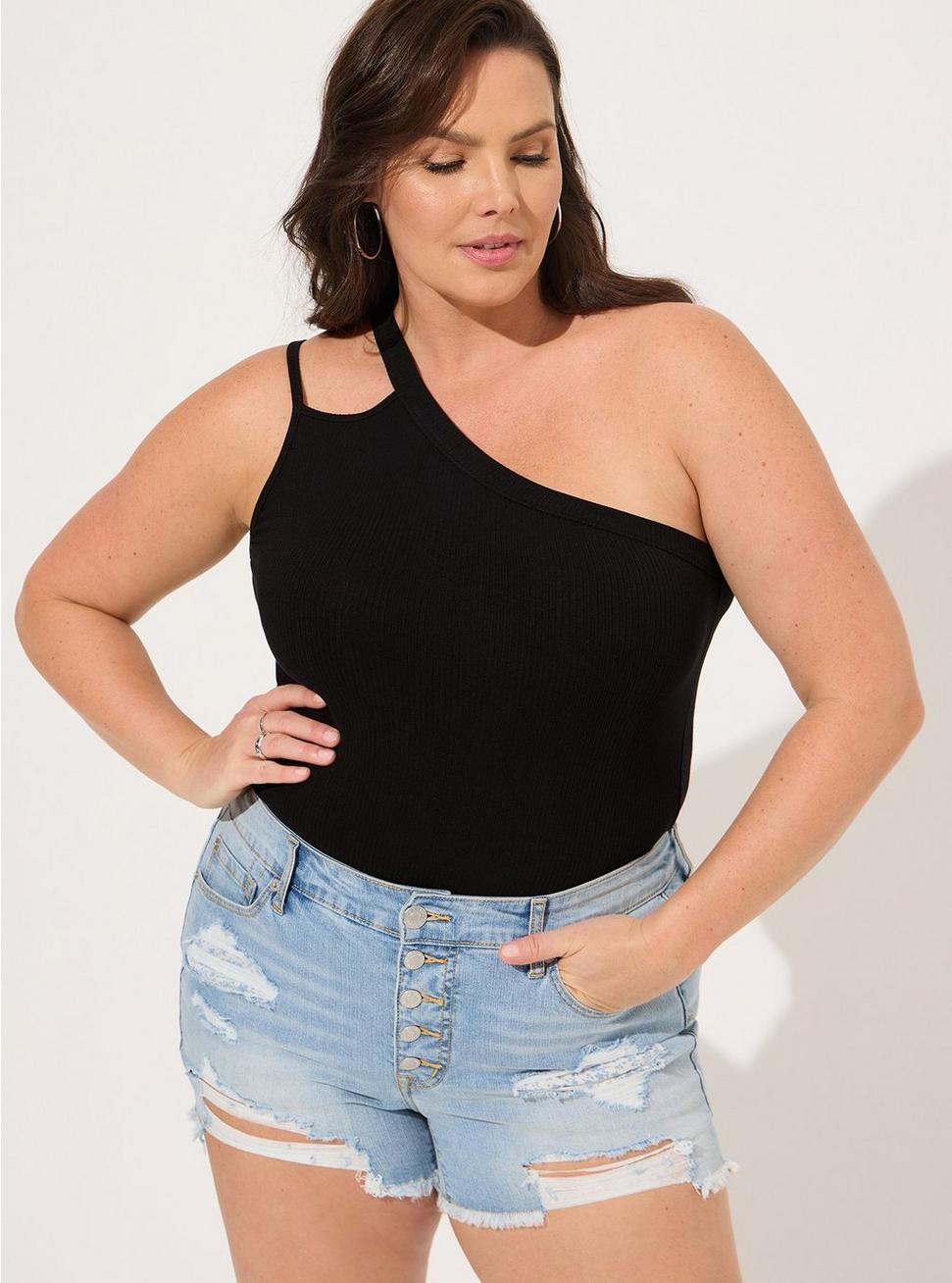 Plus Size Everyday Rib One Shoulder Cut Out Cami, DEEP BLACK, hi-res