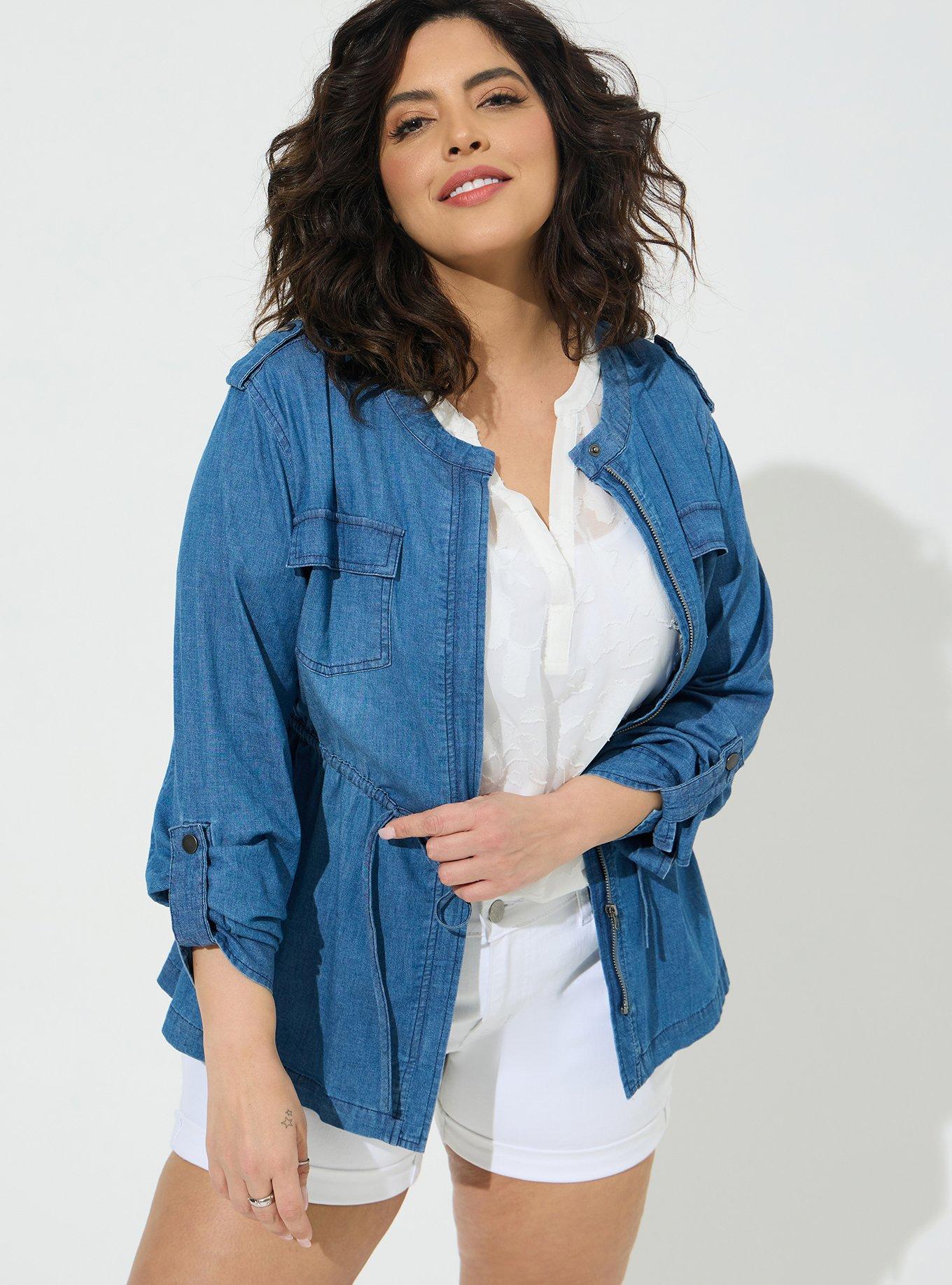 Plus Size Chambray Tie Waist Utility Jacket, , hi-res