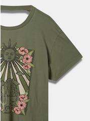 Floral Desert Relaxed Fit Cotton Crew Neck Open Back Distressed Tee, GREEN, alternate