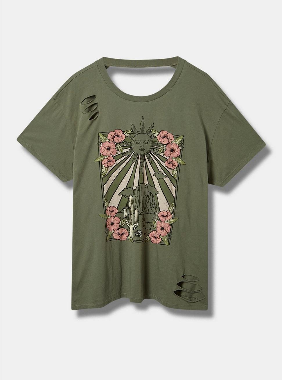 Floral Desert Relaxed Fit Cotton Crew Neck Open Back Distressed Tee, GREEN, hi-res