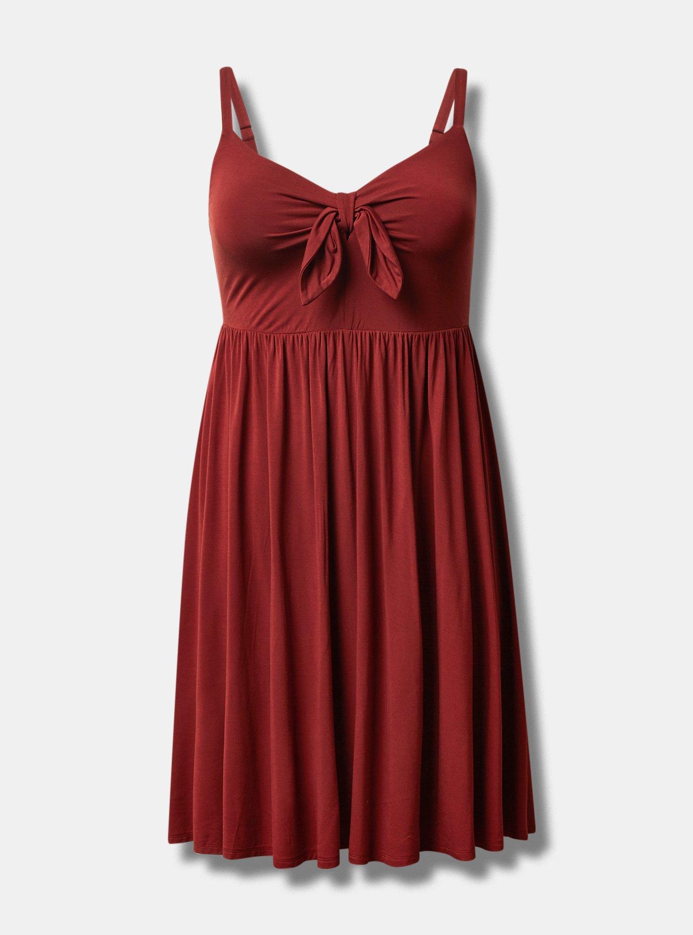 Plus Size Mini Super Soft Bow Front Skater Dress, BRICK, hi-res