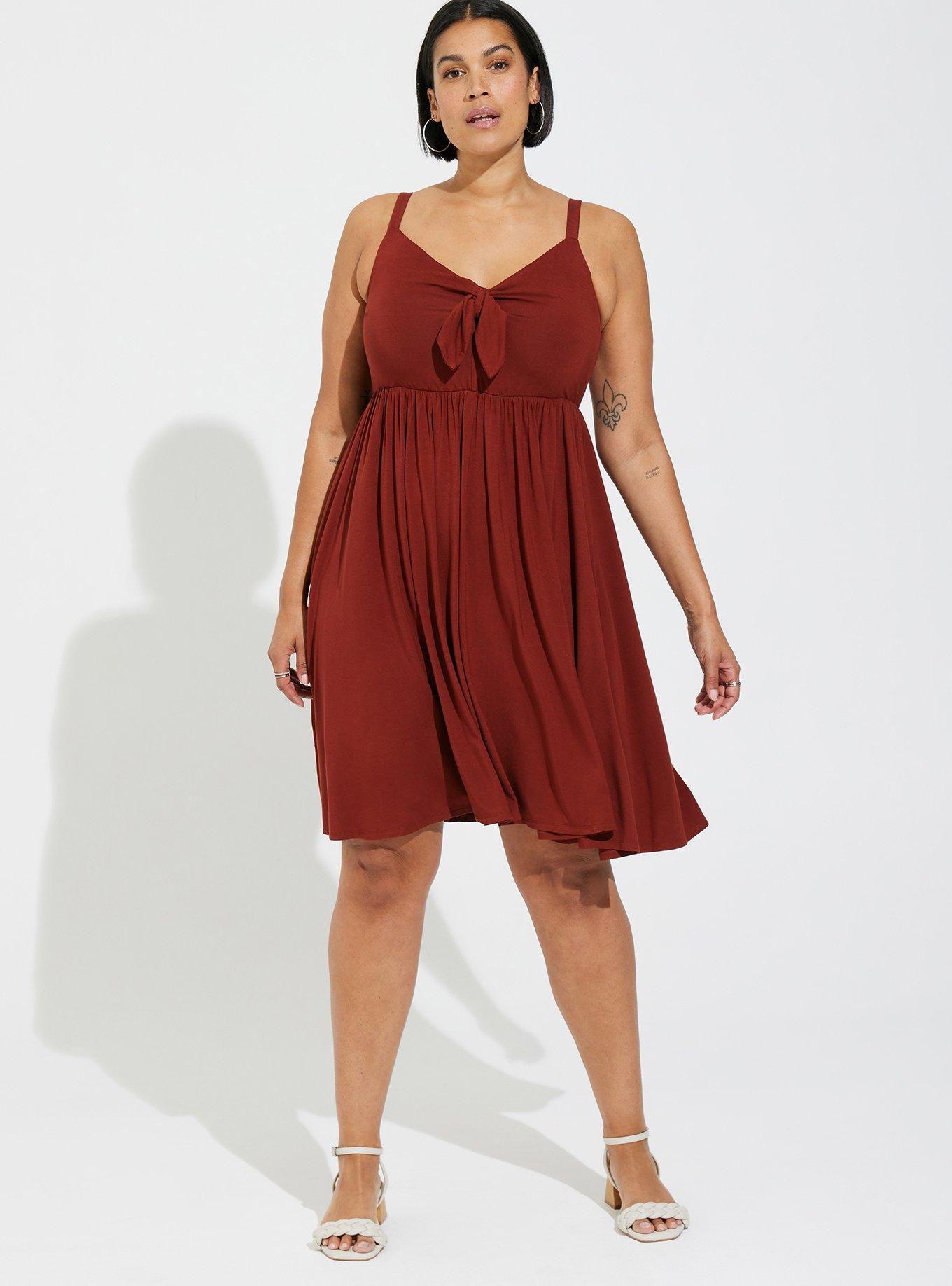 Plus Size Mini Super Soft Bow Front Skater Dress, BRICK, hi-res