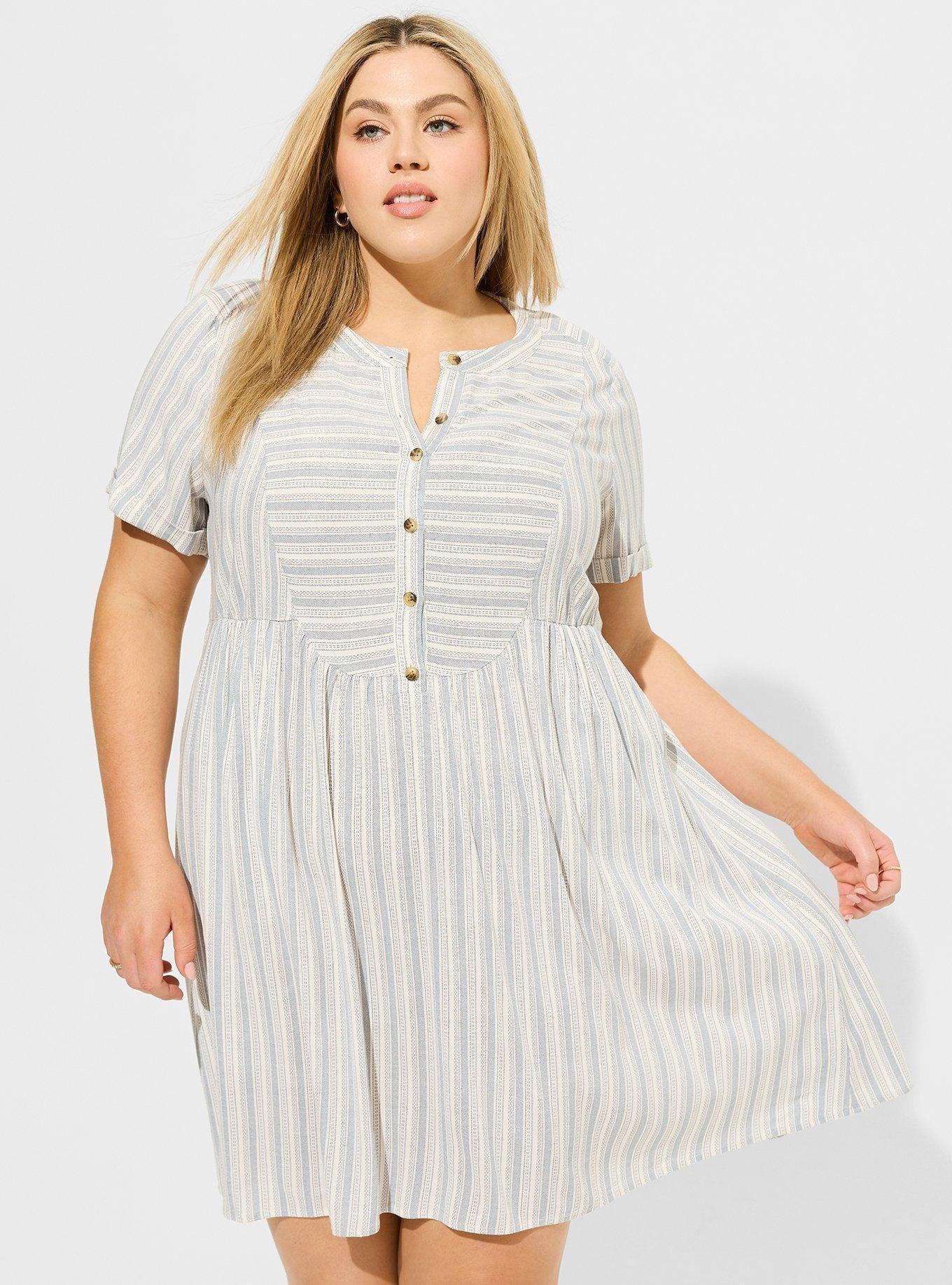 Mini Rayon Slub Button Front Fit N Flare Dress, STRIPE BLUE, alternate