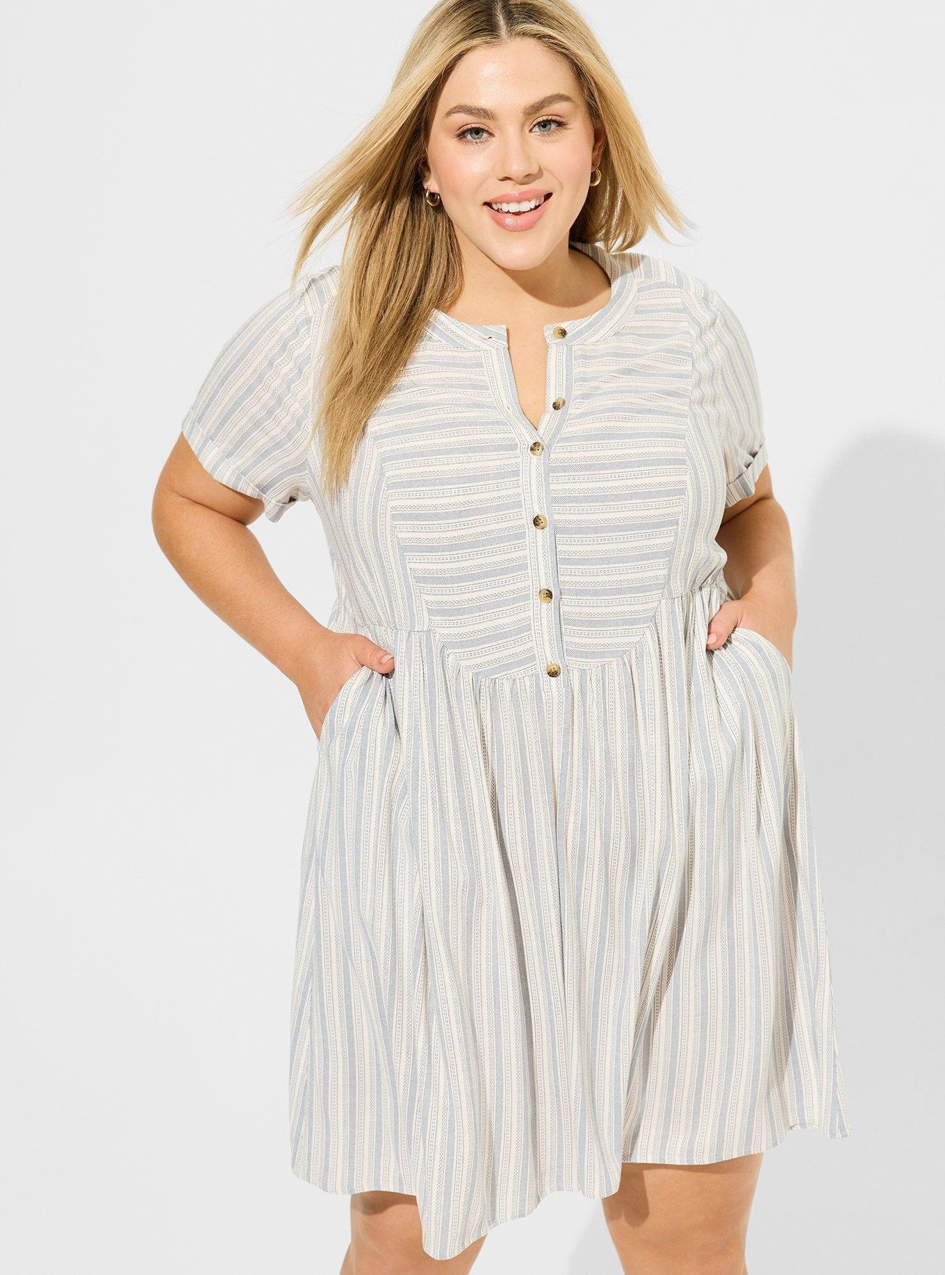 Mini Rayon Slub Button Front Fit N Flare Dress, STRIPE BLUE, alternate