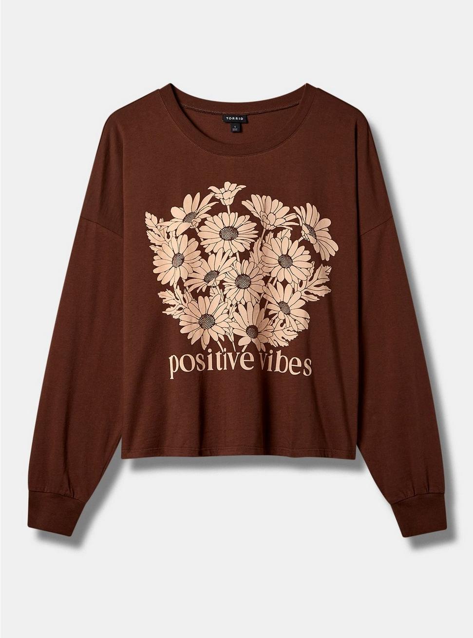 Positive Vibes Relaxed Fit Cotton Jersey Crew Neck Long Sleeve Crop Tee, BROWN, hi-res