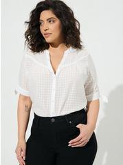 Window Pane Button Front Tie Sleeve Top, WHITE, hi-res