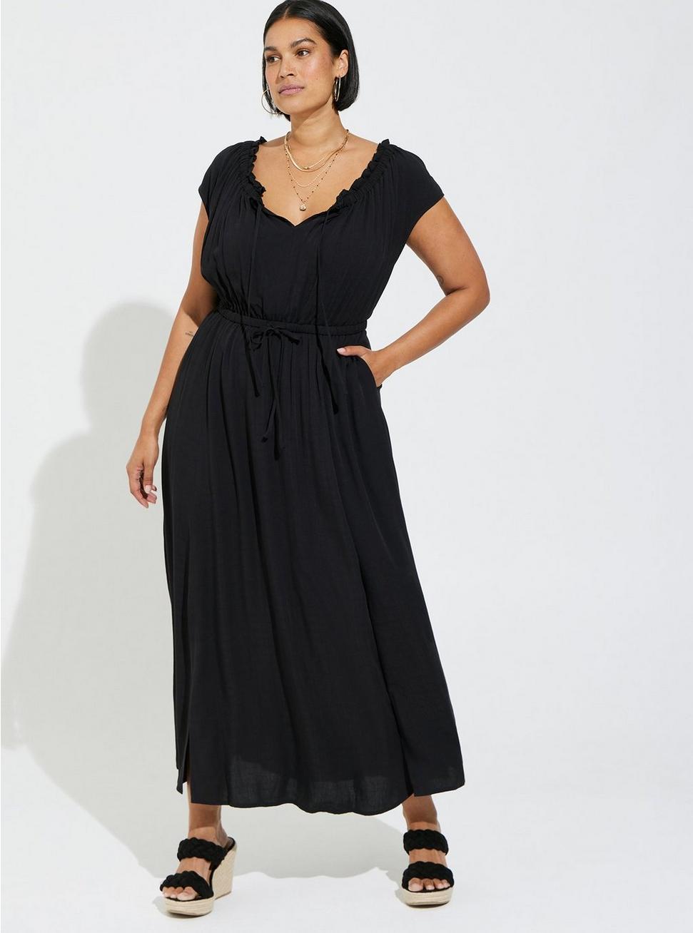 Maxi Textured Woven Double Slit Dress, DEEP BLACK, hi-res
