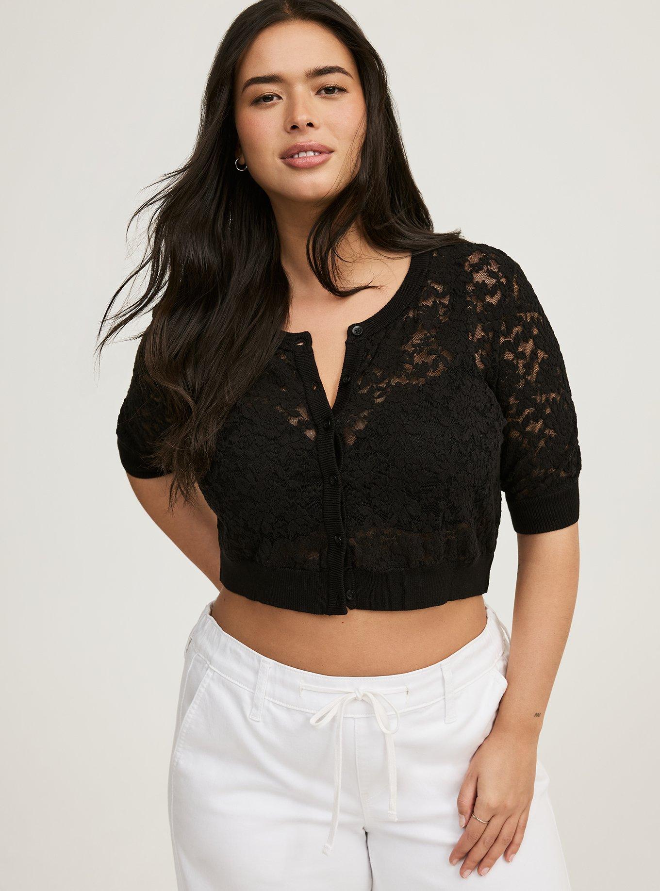 Plus Size Lace Cropped Shrug Button Front Sweater Torrid