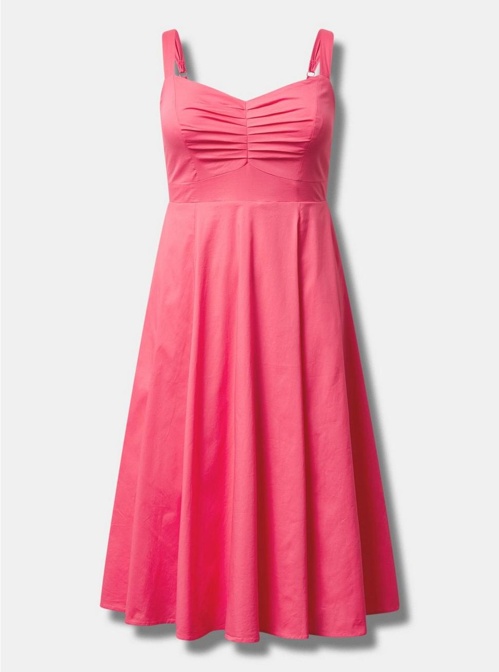 Plus Size Midi Poplin Sweetheart Shirred Dress, HONEYSUCKLE, hi-res