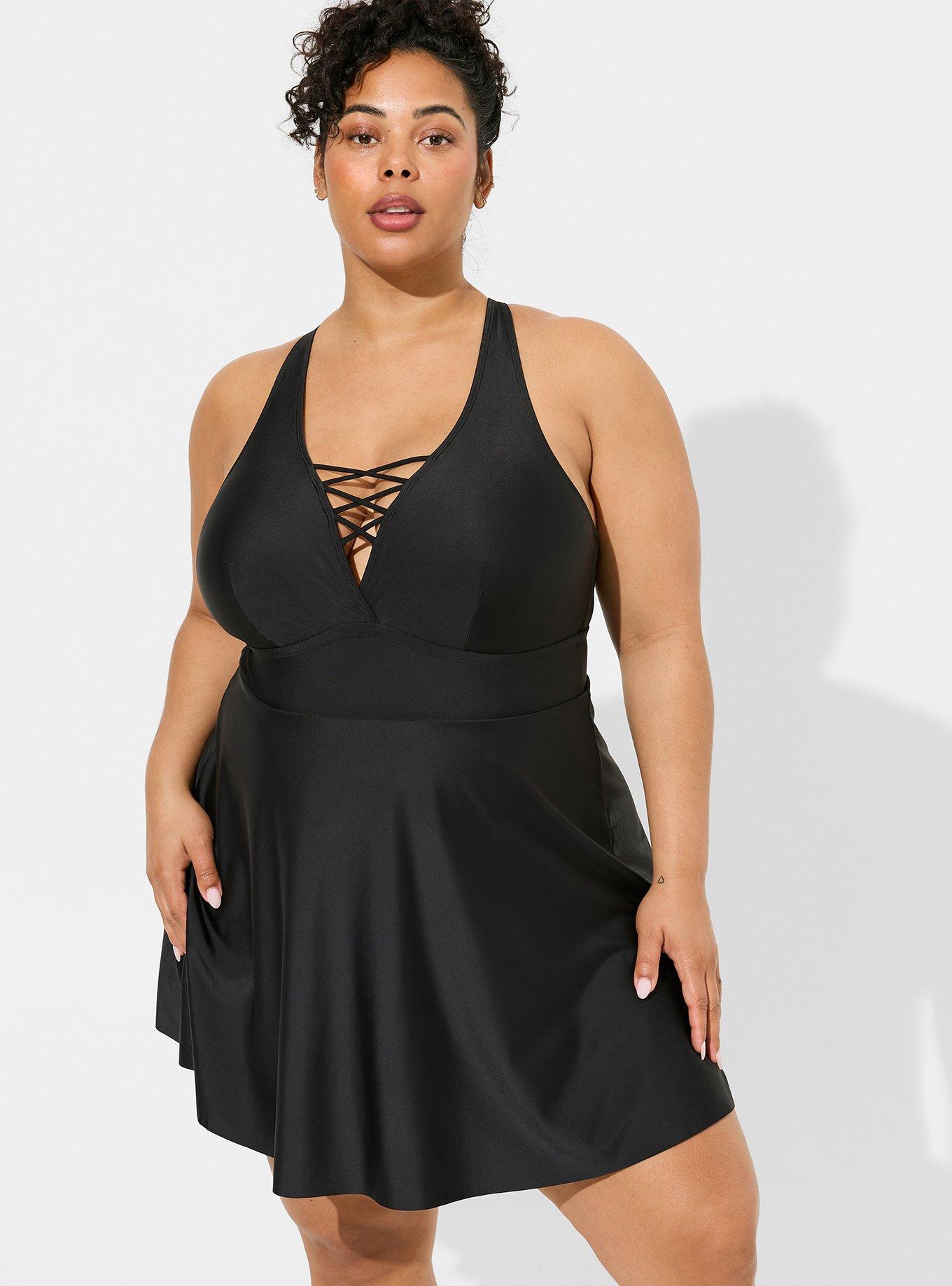Plus Size Wireless XO Triangle Long Swim Dress With Brief, DEEP BLACK, alternate