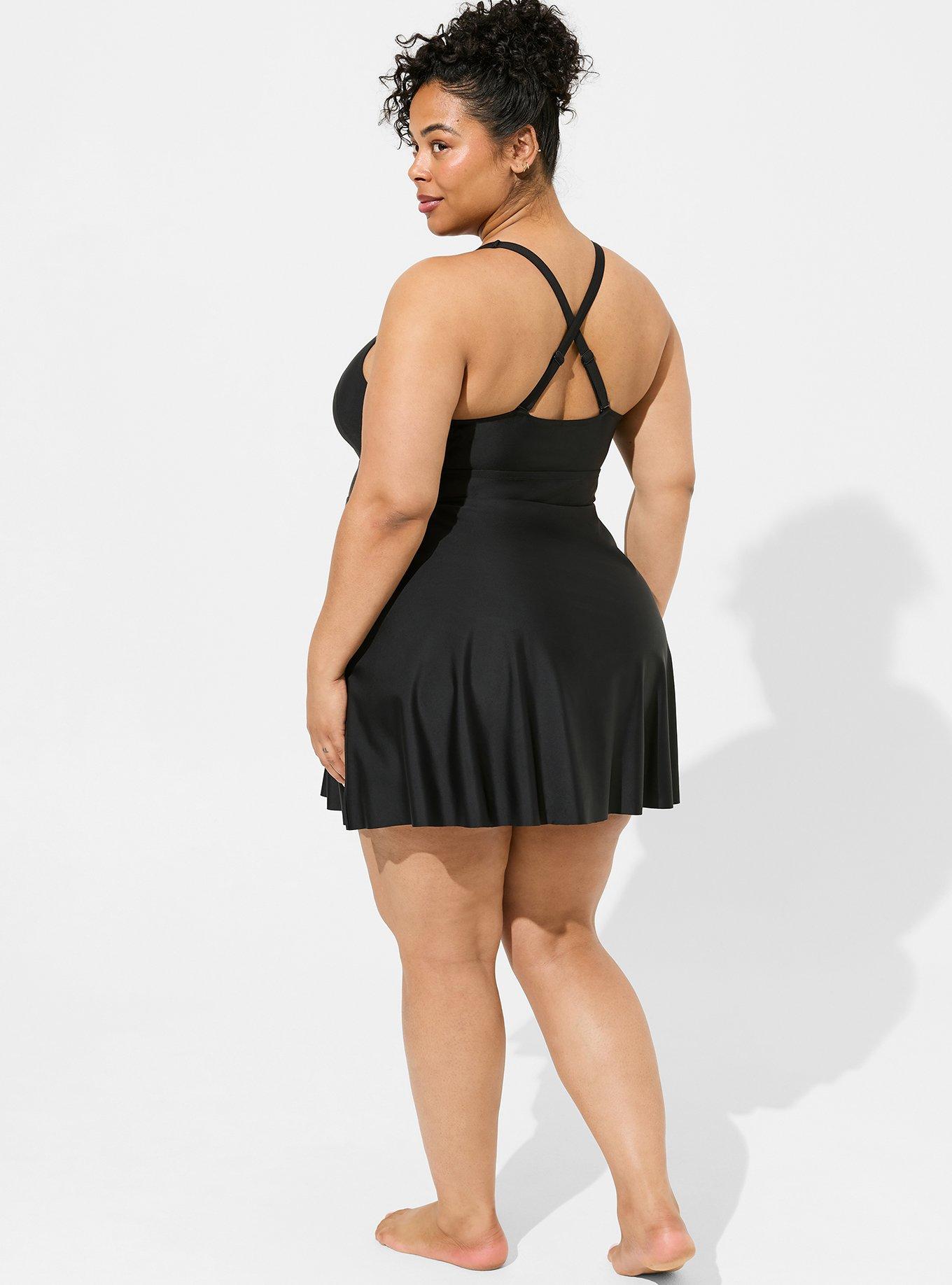 Plus Size Wireless XO Triangle Long Swim Dress With Brief, DEEP BLACK, alternate