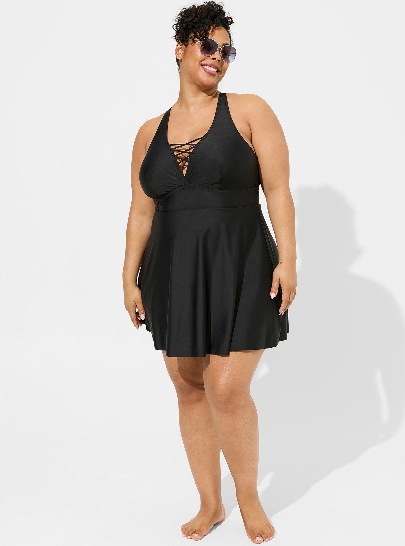 Plus Size Wireless XO Triangle Long Swim Dress With Brief, DEEP BLACK, hi-res