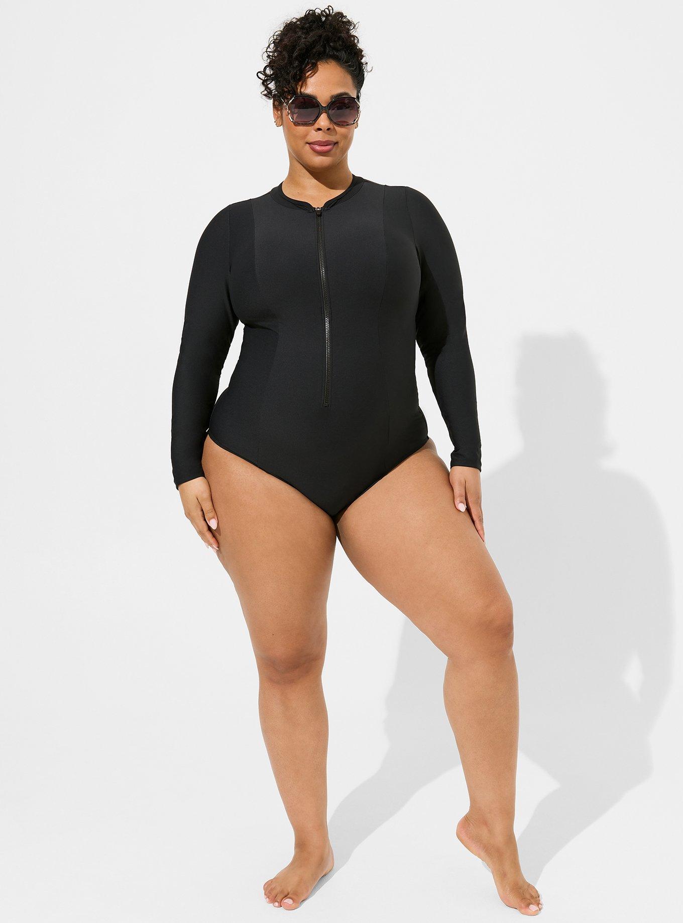 Wireless Shaping Long Sleeve One Piece Swimsuit, DEEP BLACK, alternate