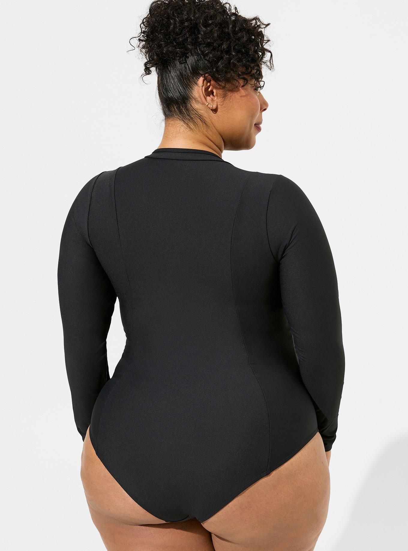 Wireless Shaping Long Sleeve One Piece Swimsuit, DEEP BLACK, alternate