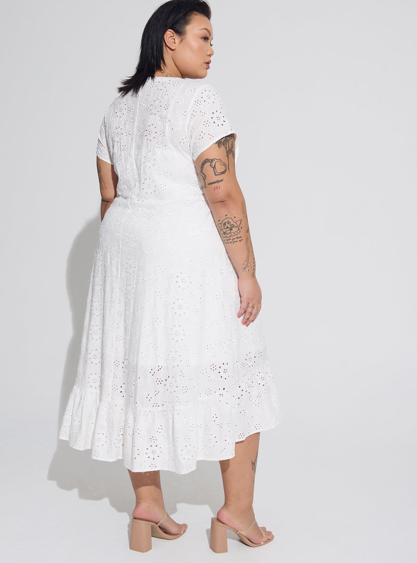 Plus Size - Midi Eyelet Hi Low Button Front Shirt Dress - Torrid