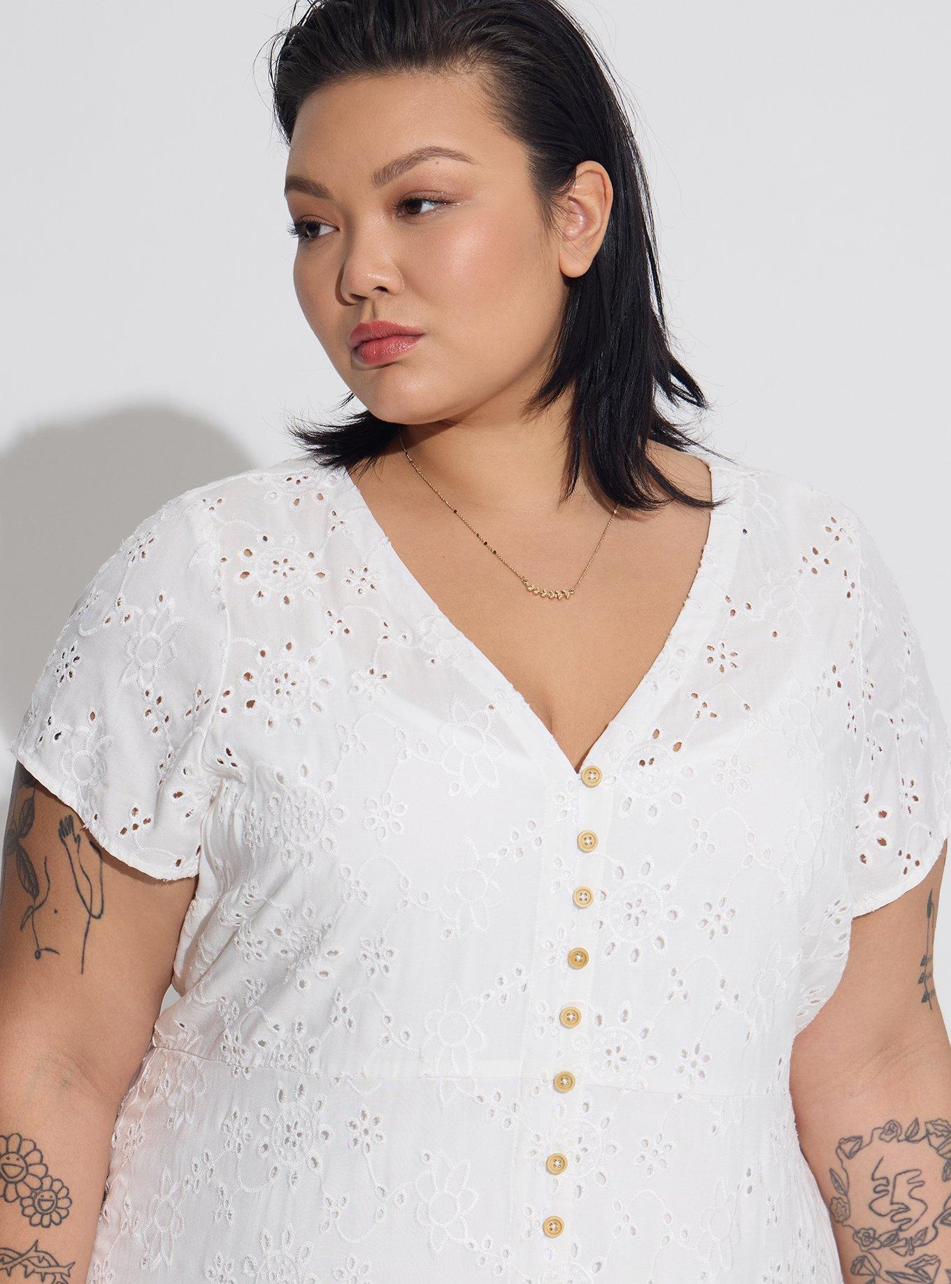 Plus Size - Midi Eyelet Hi Low Button Front Shirt Dress - Torrid