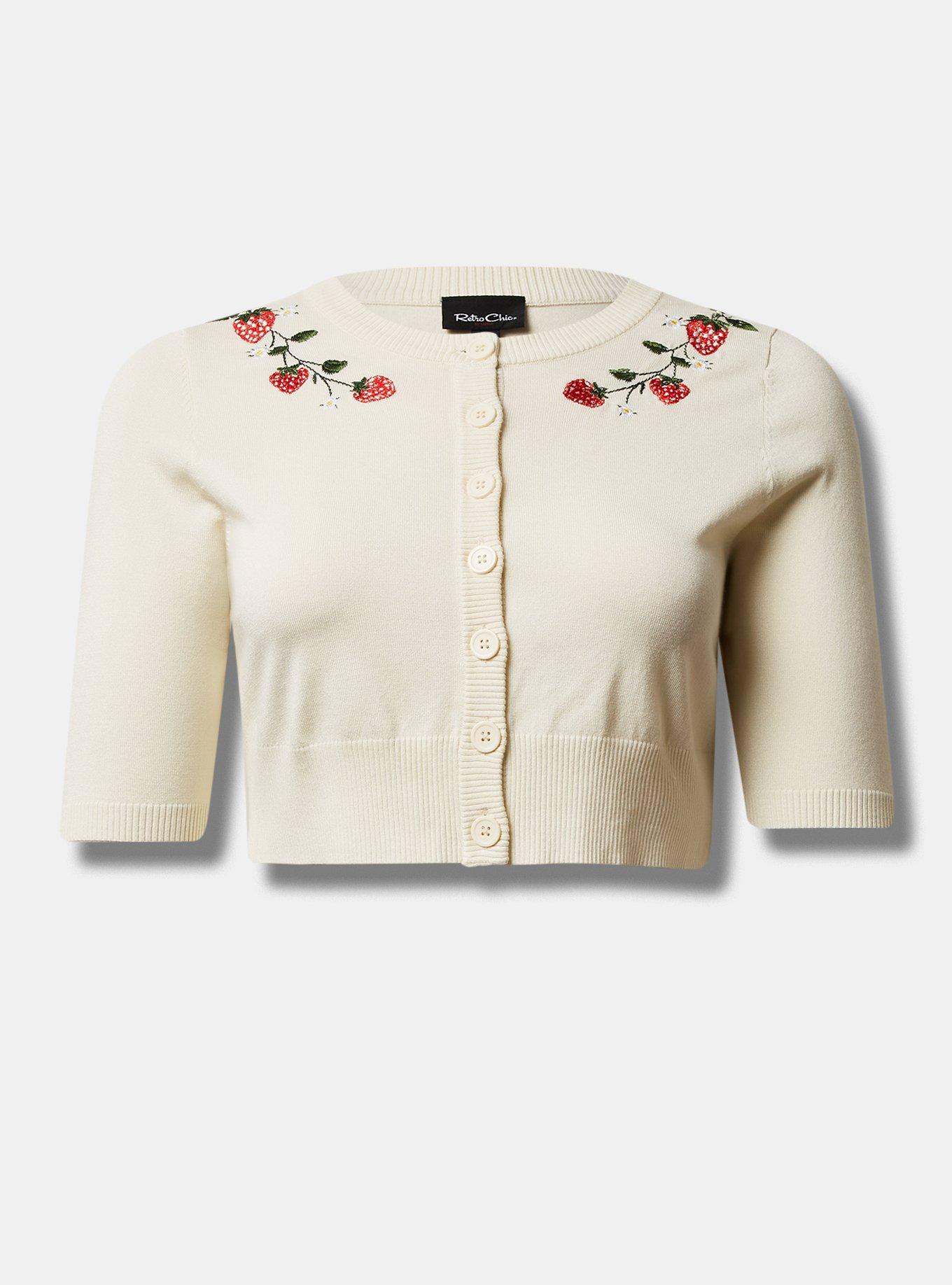 Plus Size Retro Cropped Cardigan Embroidered Sweater, , hi-res