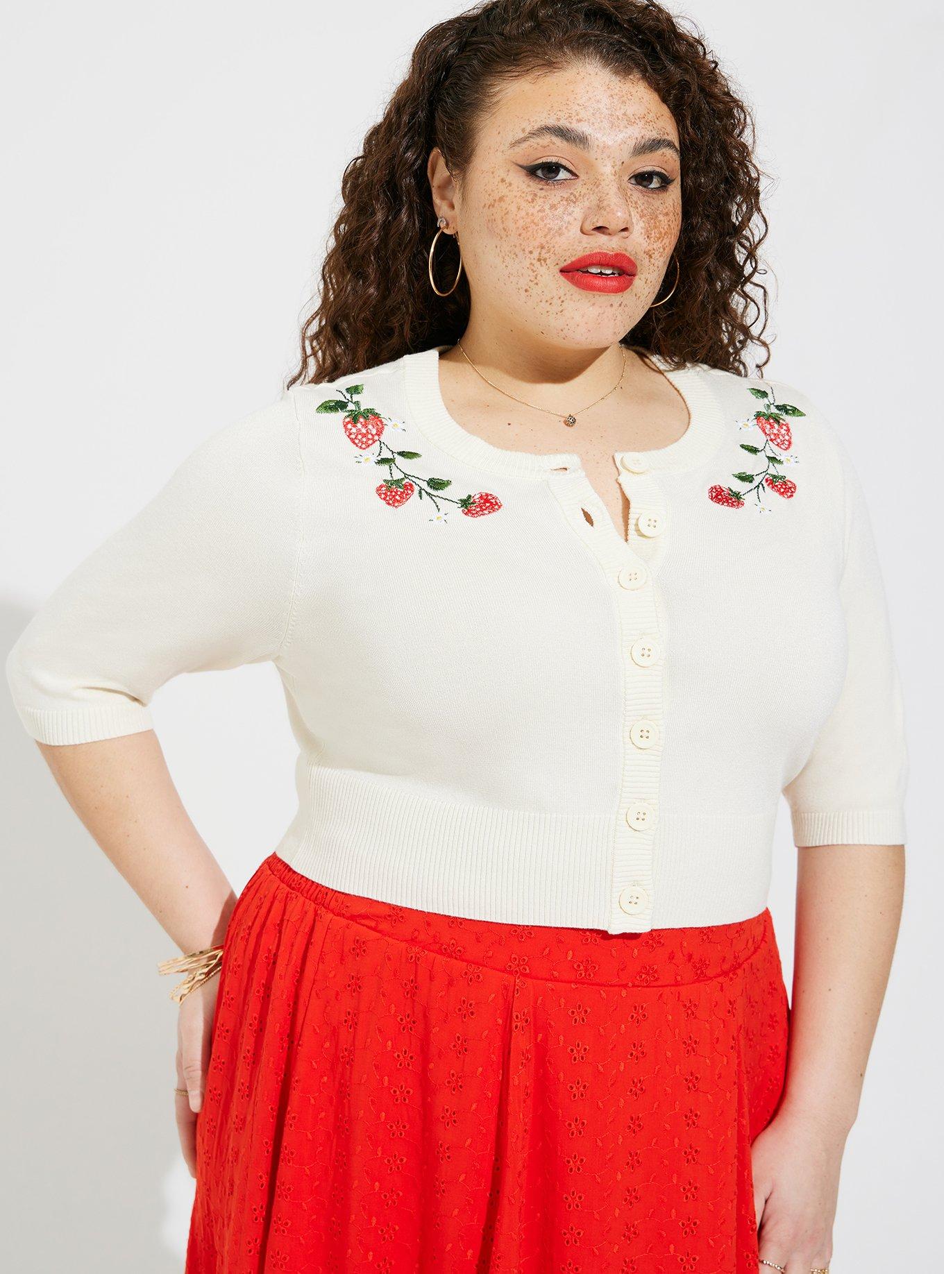 Plus Size Retro Cropped Cardigan Embroidered Sweater, , hi-res
