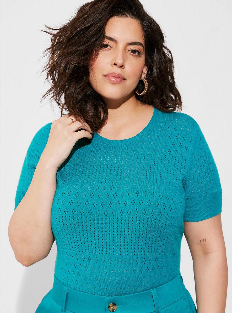 Plus Size - Everyday Soft Pointelle Pullover Short Sleeve Sweater - Torrid