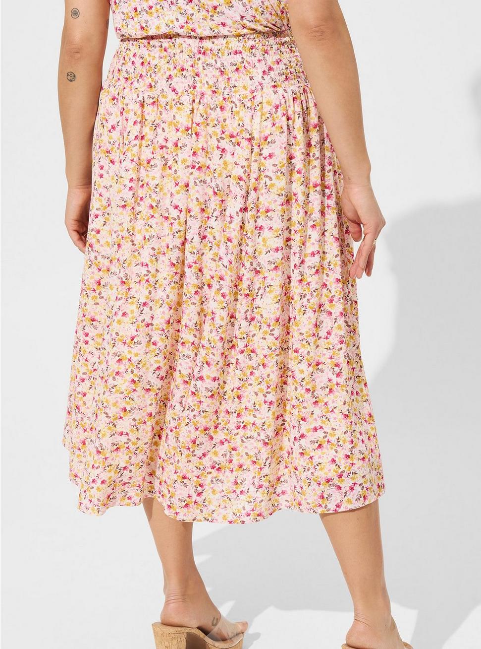 Plus Size Tea Length Washable Gauze Smocked Waist Skirt, SUNSHINE FLORAL, alternate