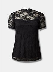 Stretch Lace Crew Neck Puff Sleeve Top, DEEP BLACK, hi-res