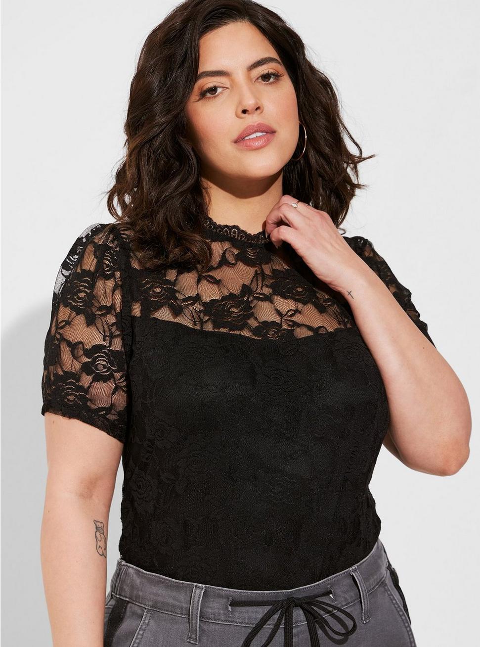 Stretch Lace Crew Neck Puff Sleeve Top, DEEP BLACK, hi-res