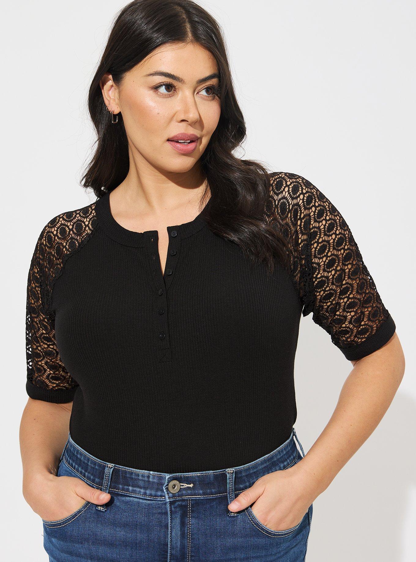 Fitted Super Soft Rib Lace Inset Raglan Henley, DEEP BLACK, alternate