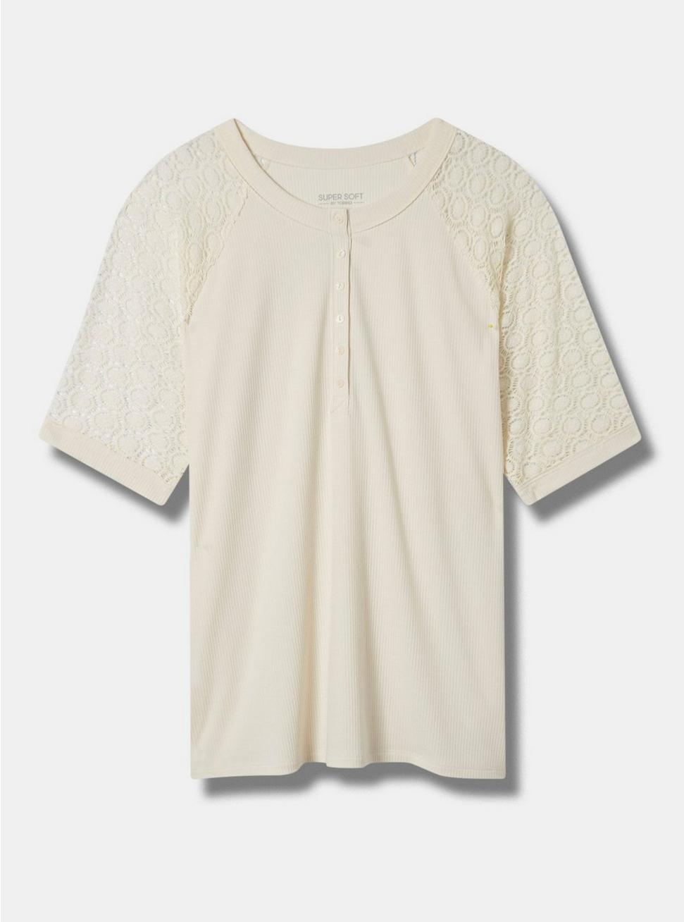 Fitted Super Soft Rib Lace Inset Raglan Henley, PRISTINE, hi-res