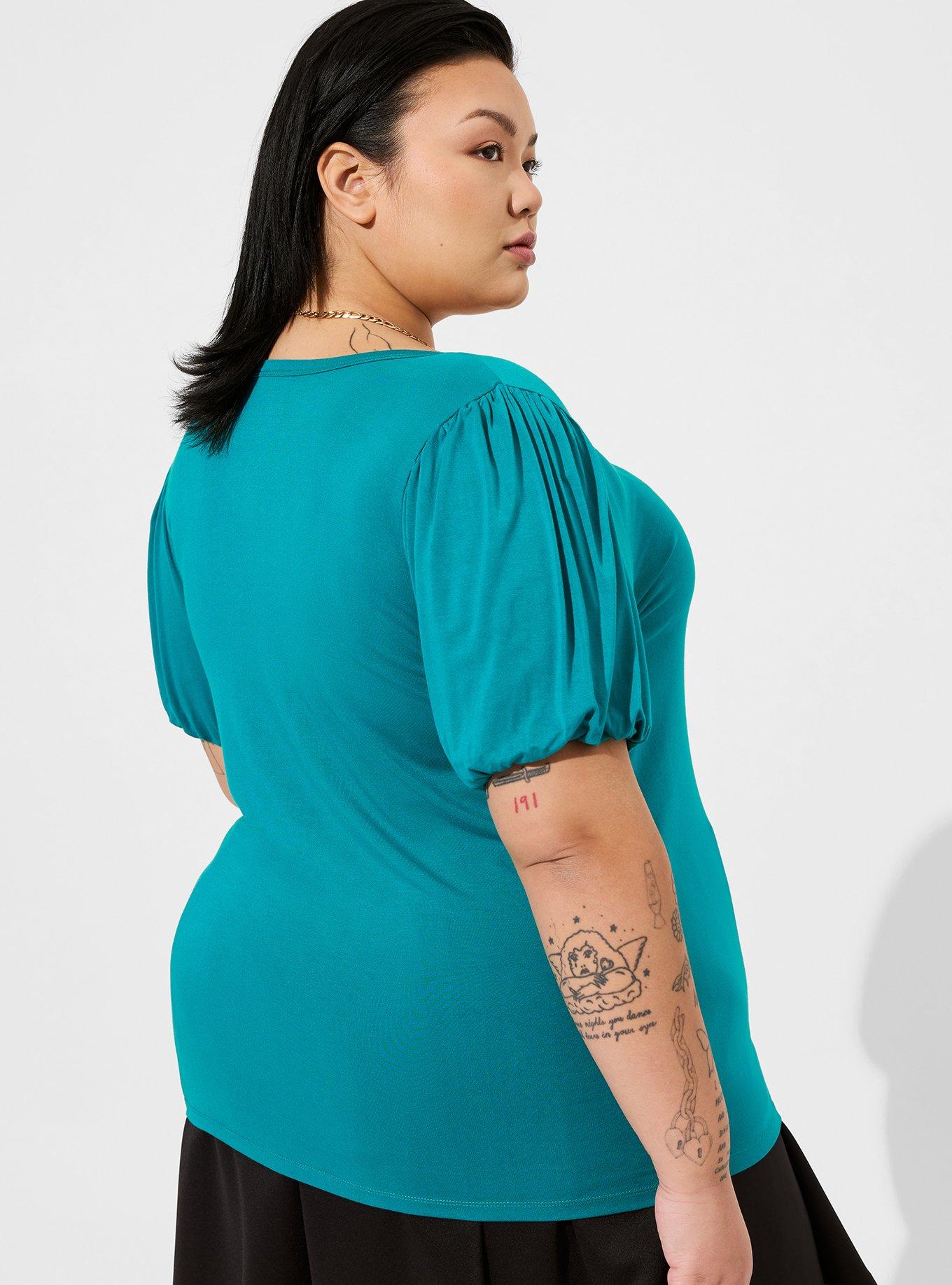 Super Soft V-Neck Smocked Cuff Puff Sleeve Sleeve Tee, FANFARE, alternate