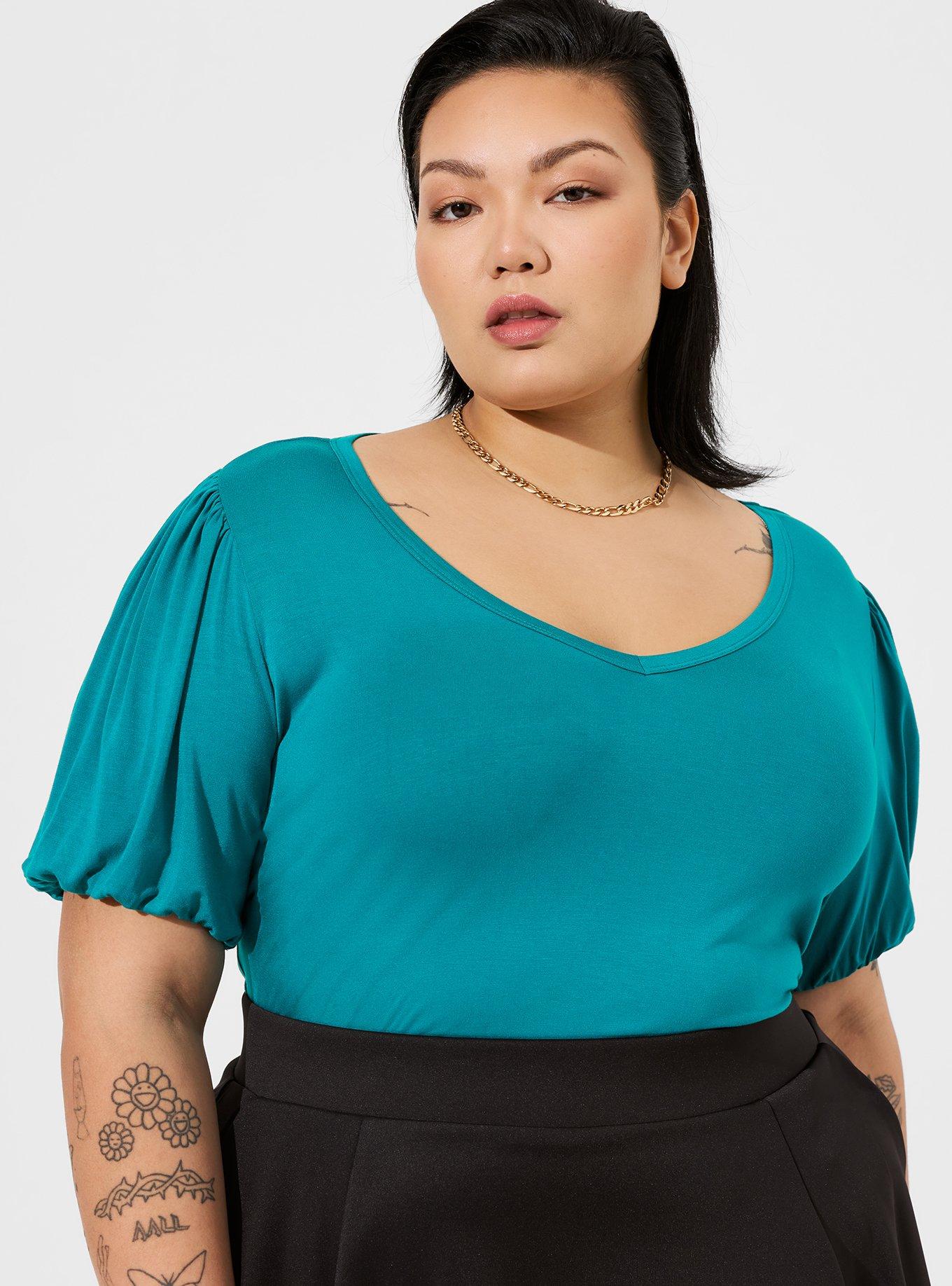 Super Soft V-Neck Smocked Cuff Puff Sleeve Sleeve Tee, FANFARE, hi-res